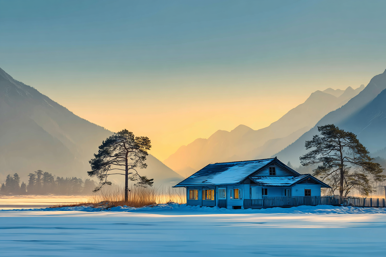 Ruhige Landschaft Hütte Im Schnee Mit Bergen Hinten | Winter | Jahreszeiten