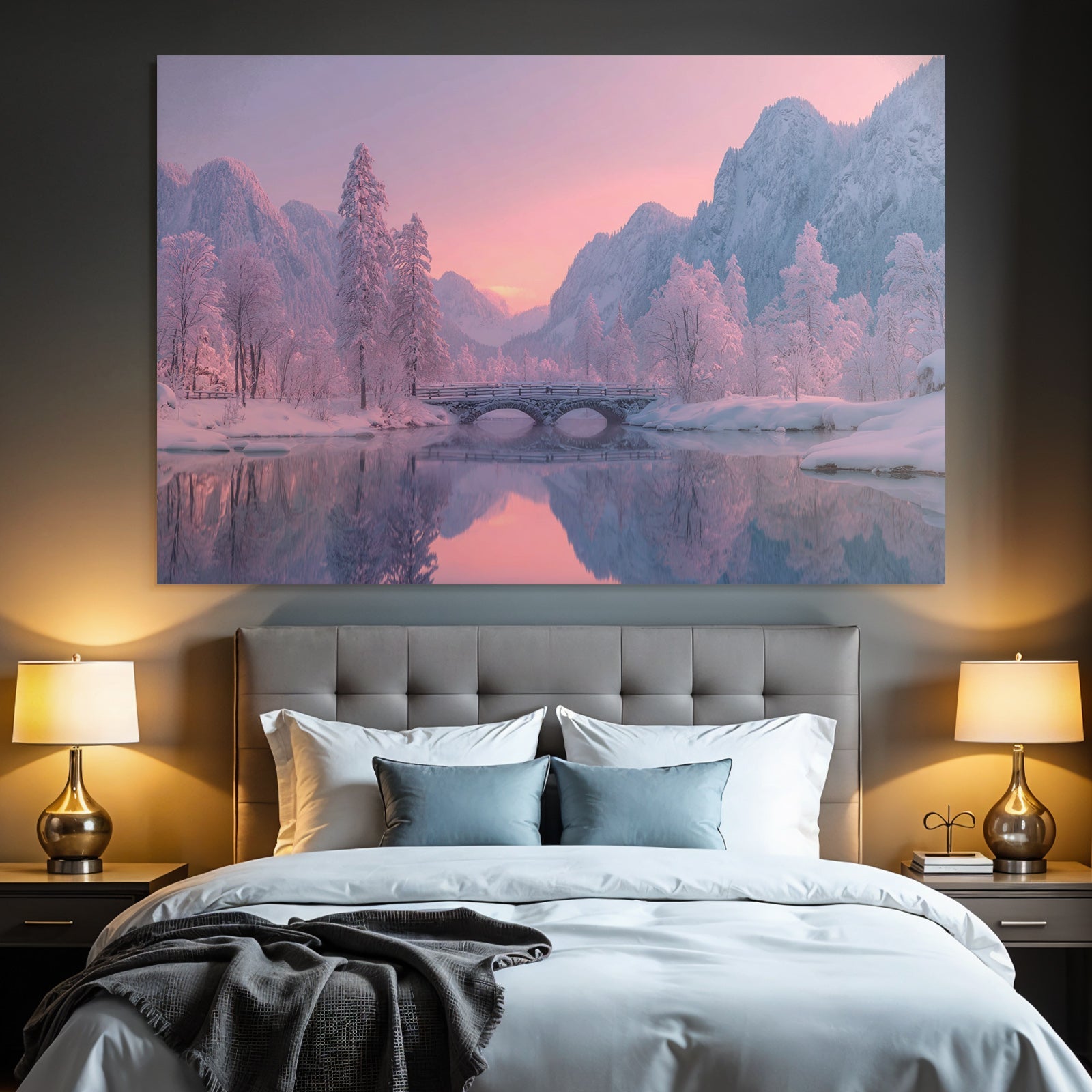 Ruhige Landschaft Mit Schneebedeckten Bäumen Und Fluss