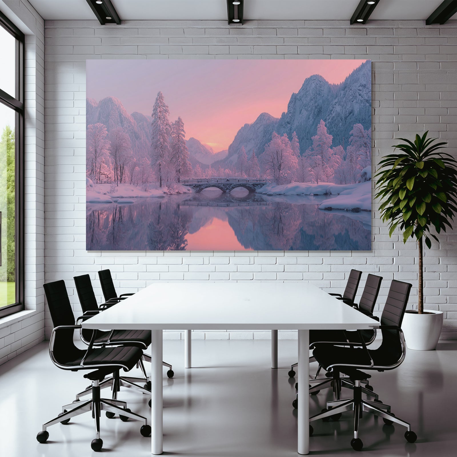 Ruhige Landschaft Mit Schneebedeckten Bäumen Und Fluss