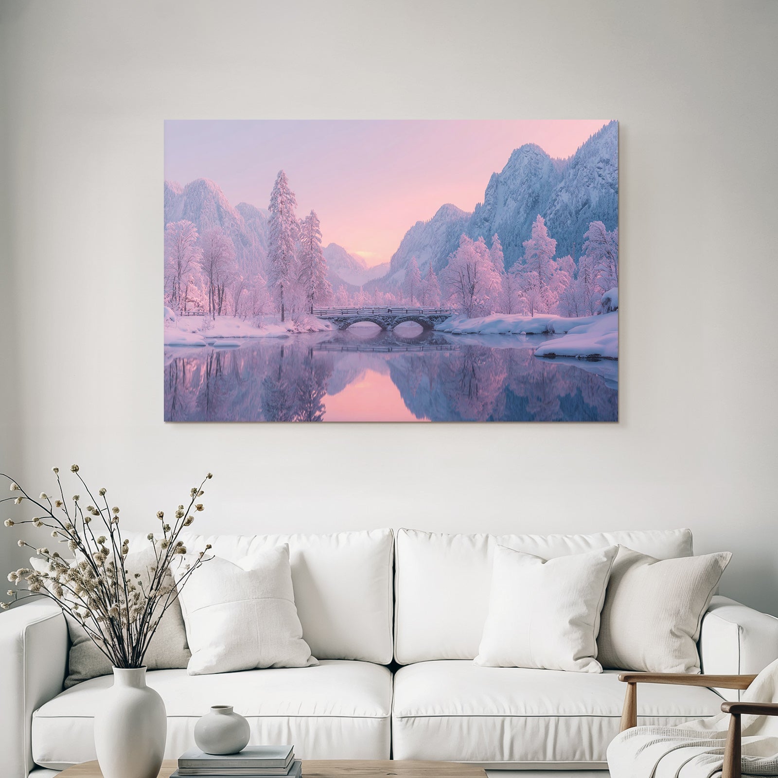 Ruhige Landschaft Mit Schneebedeckten Bäumen Und Fluss
