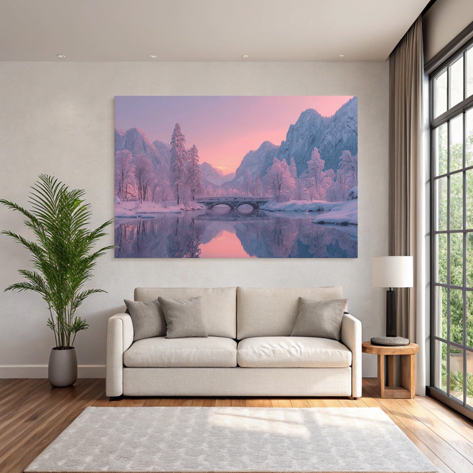Ruhige Landschaft Mit Schneebedeckten Bäumen Und Fluss