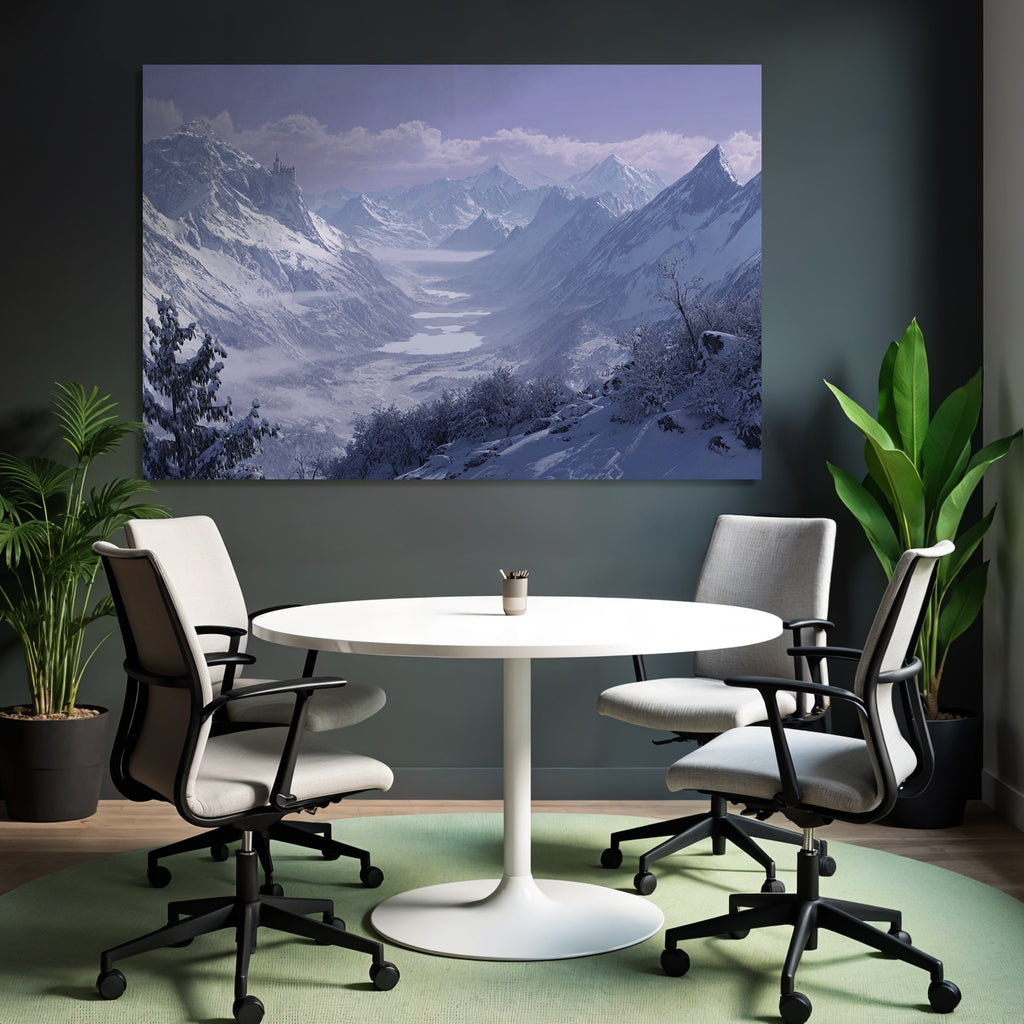 Ruhige Landschaft Mit Schneebedeckten Bergen Und Burg