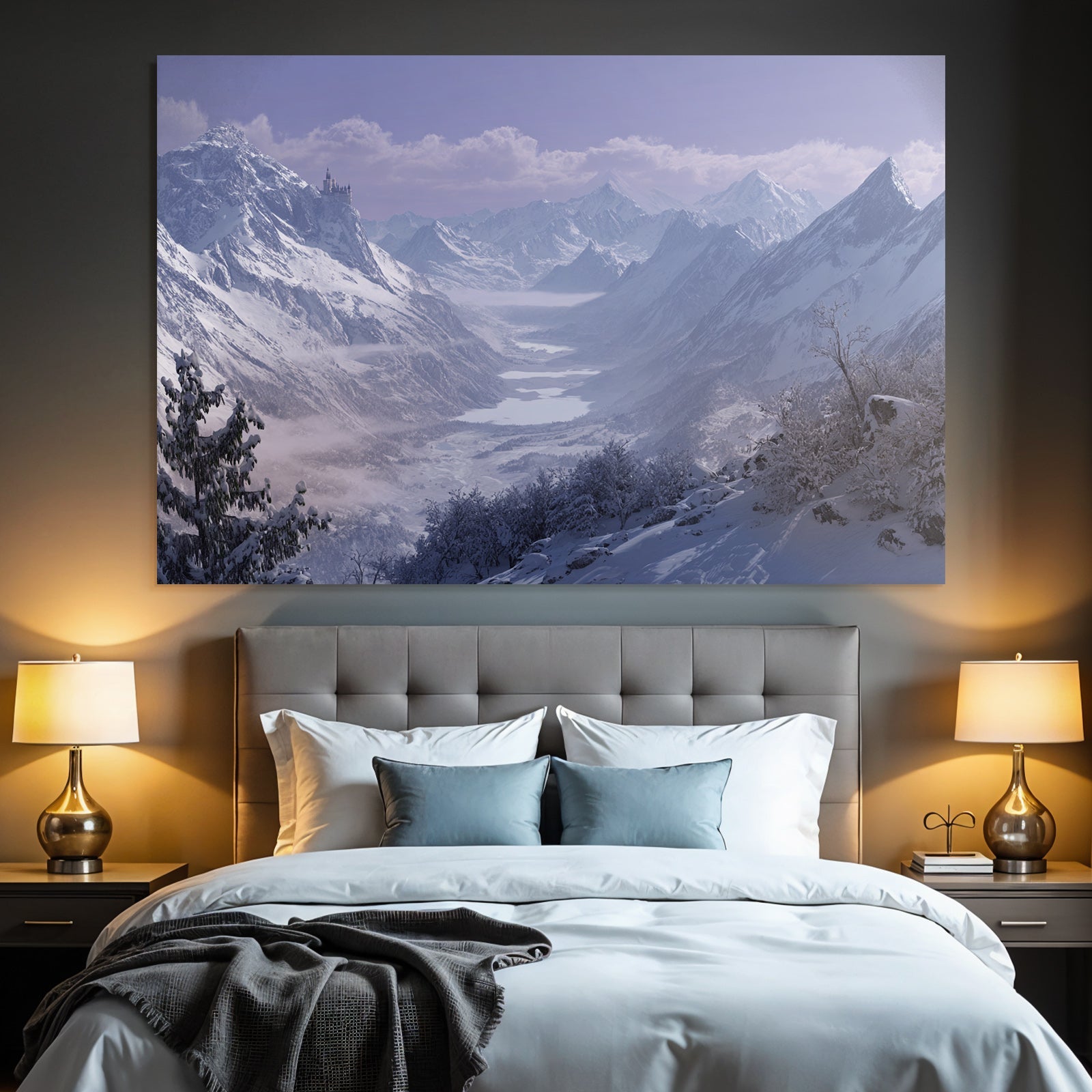 Ruhige Landschaft Mit Schneebedeckten Bergen Und Burg