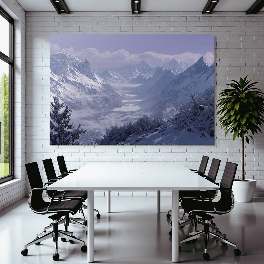 Ruhige Landschaft Mit Schneebedeckten Bergen Und Burg