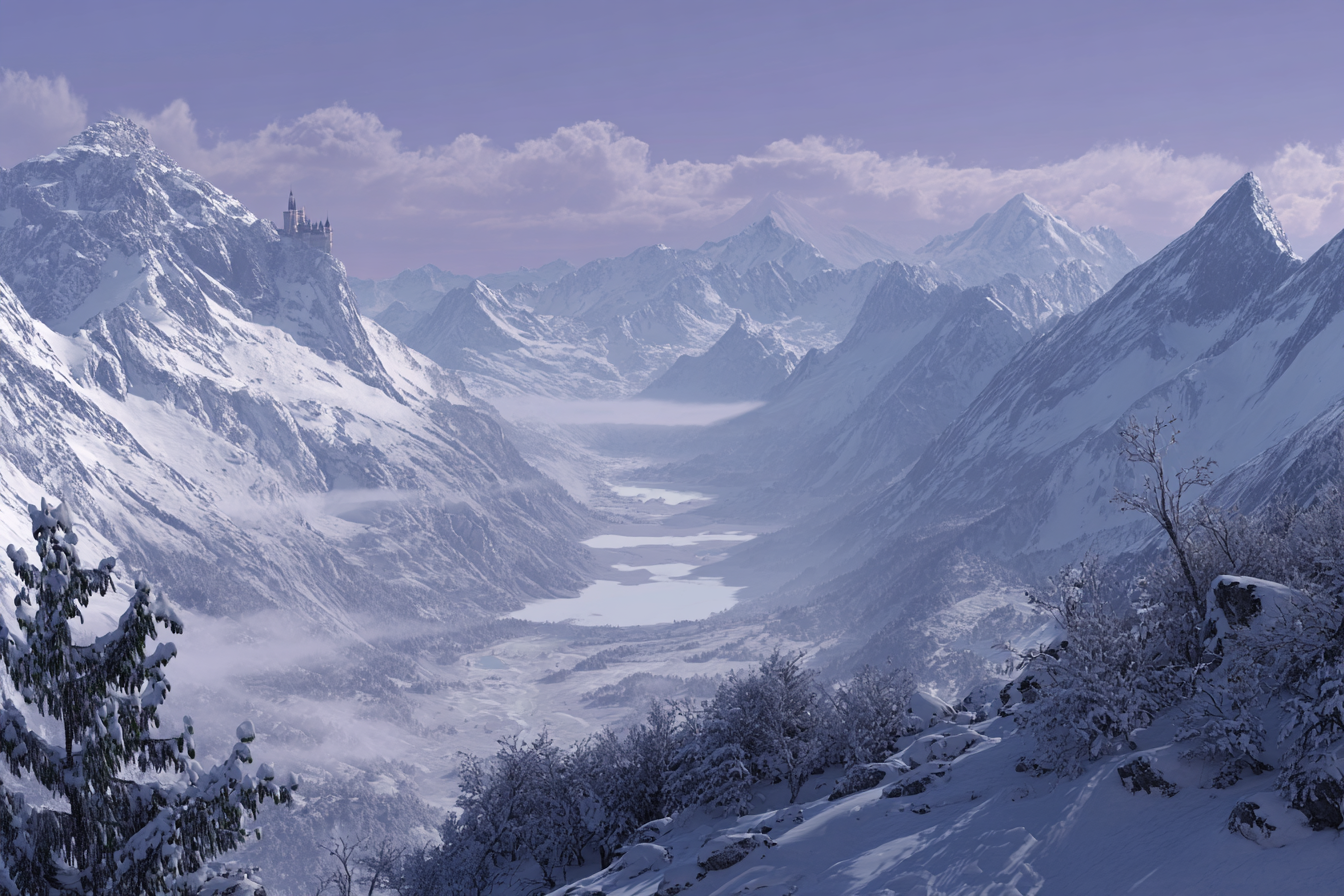 Ruhige Landschaft Mit Schneebedeckten Bergen Und Burg | Winter | Jahreszeiten
