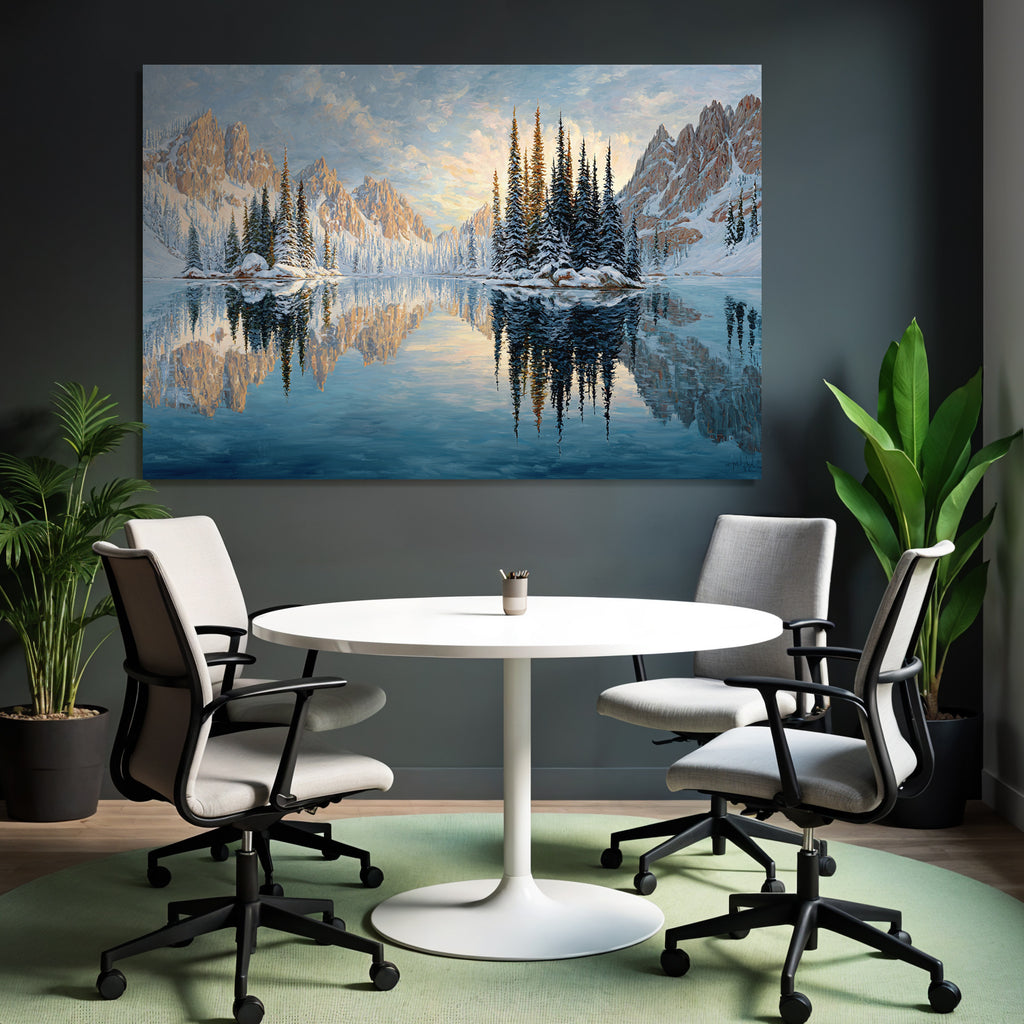 Ruhige Landschaft Mit Schneebedeckten Bergen Und Reflektierendem Wasser