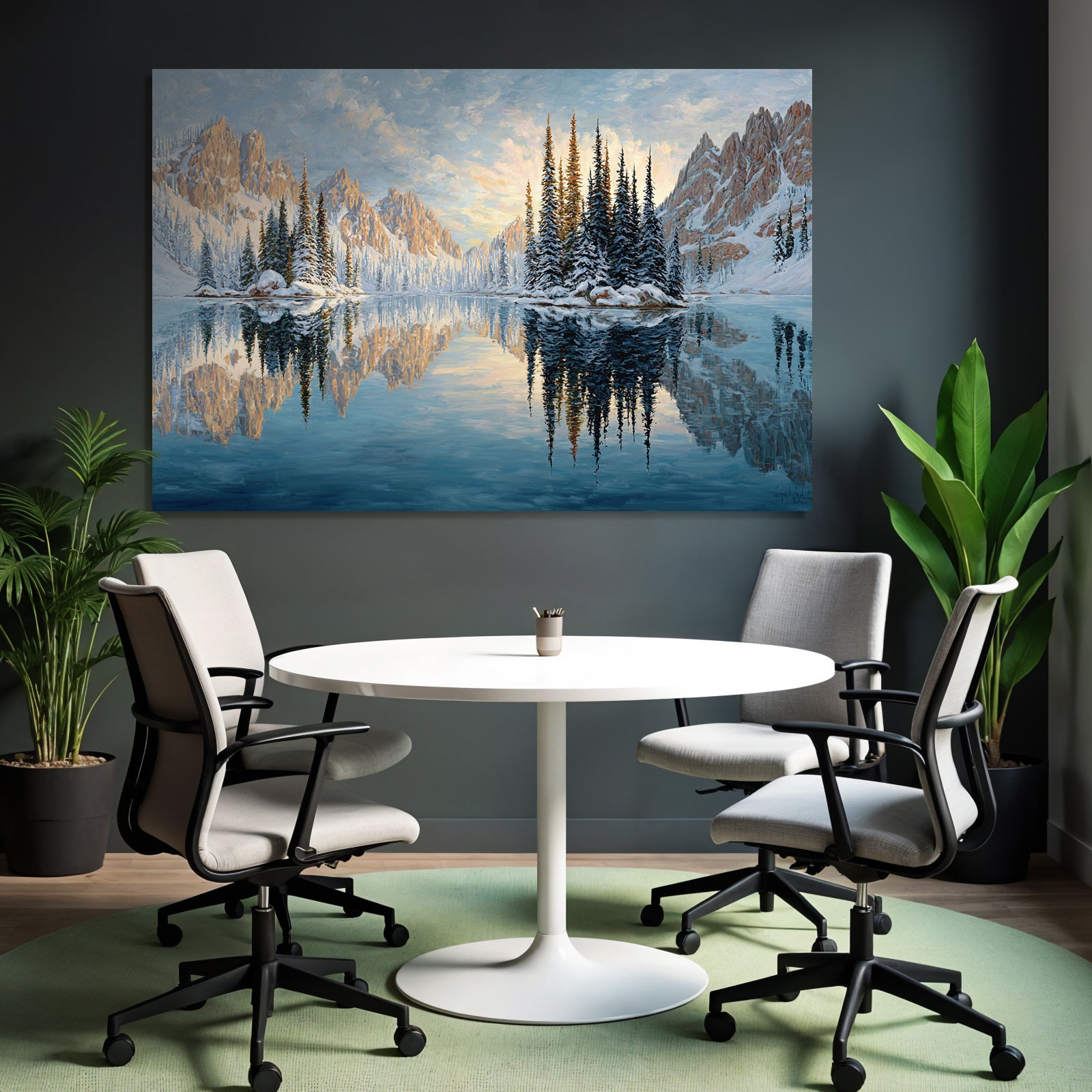 Ruhige Landschaft Mit Schneebedeckten Bergen Und Reflektierendem Wasser