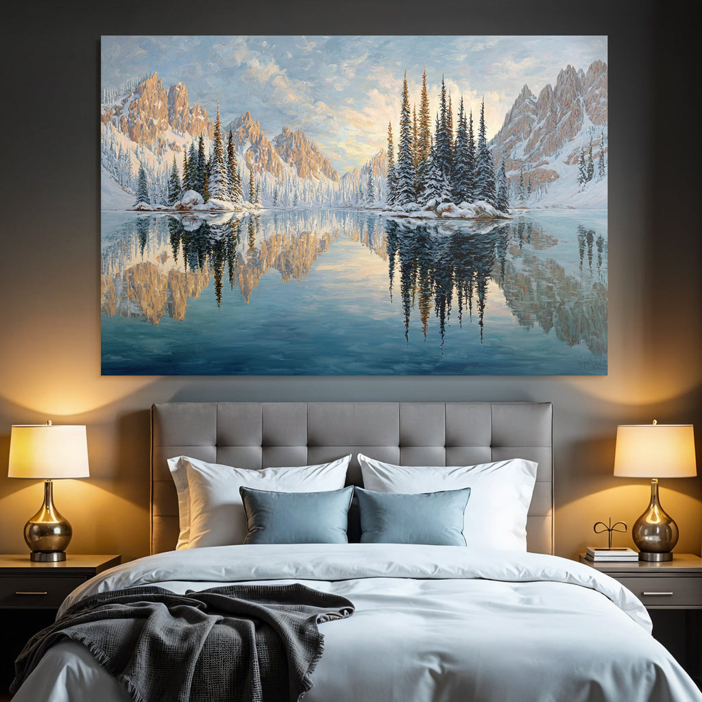 Ruhige Landschaft Mit Schneebedeckten Bergen Und Reflektierendem Wasser