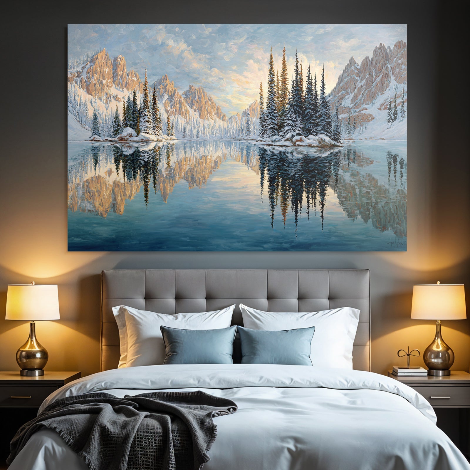Ruhige Landschaft Mit Schneebedeckten Bergen Und Reflektierendem Wasser