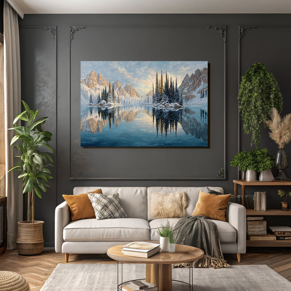 Ruhige Landschaft Mit Schneebedeckten Bergen Und Reflektierendem Wasser