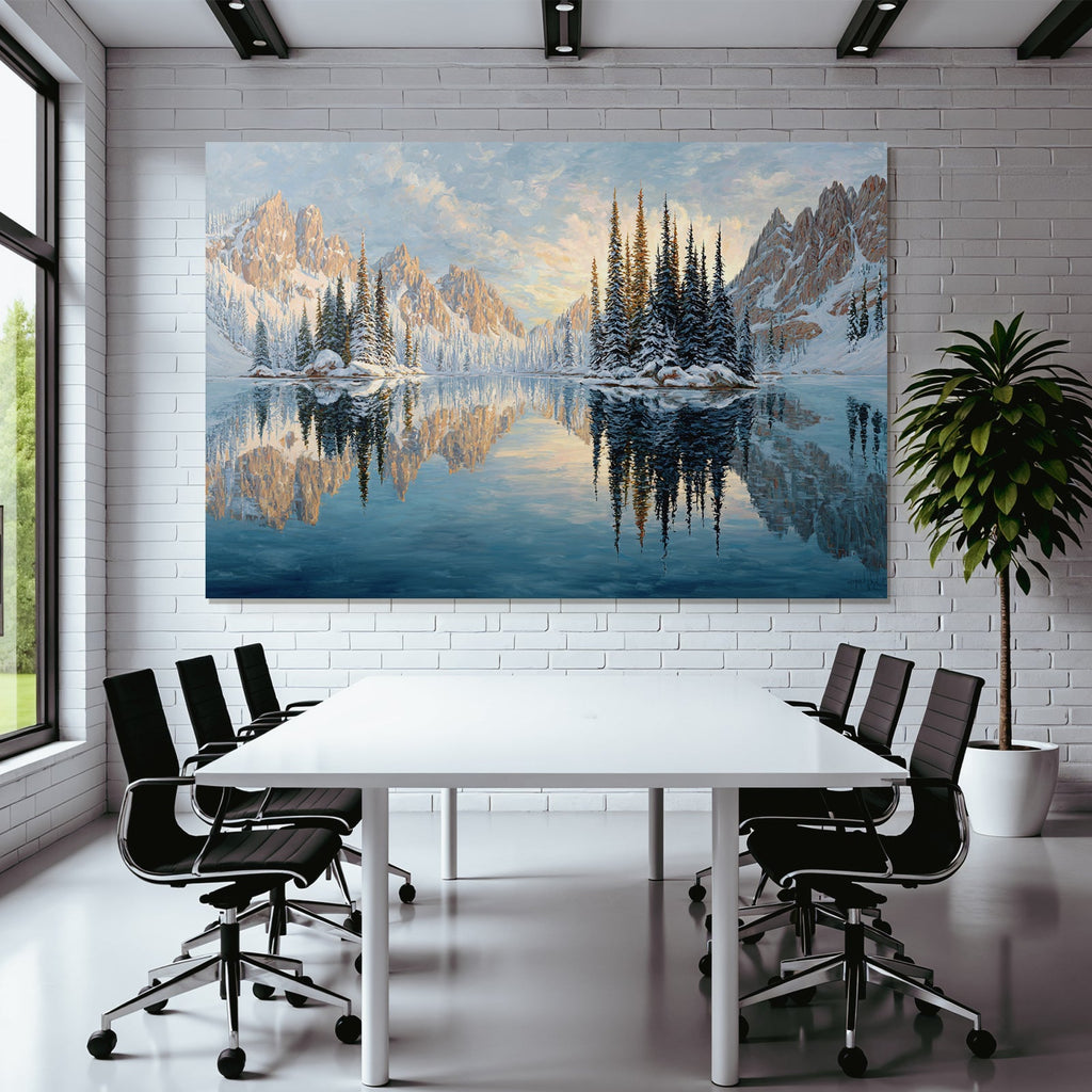 Ruhige Landschaft Mit Schneebedeckten Bergen Und Reflektierendem Wasser