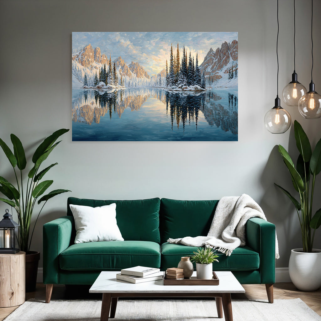 Ruhige Landschaft Mit Schneebedeckten Bergen Und Reflektierendem Wasser