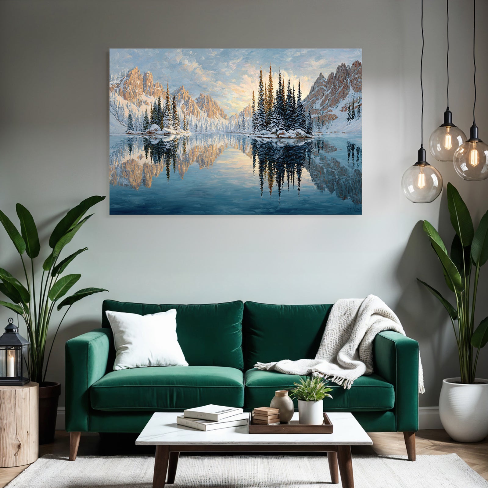 Ruhige Landschaft Mit Schneebedeckten Bergen Und Reflektierendem Wasser