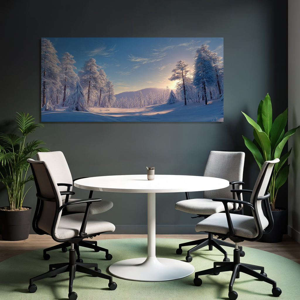 Ruhige Landschaft Mit Tannenbäumen Im Schnee Beleuchtet Von Der Sonne