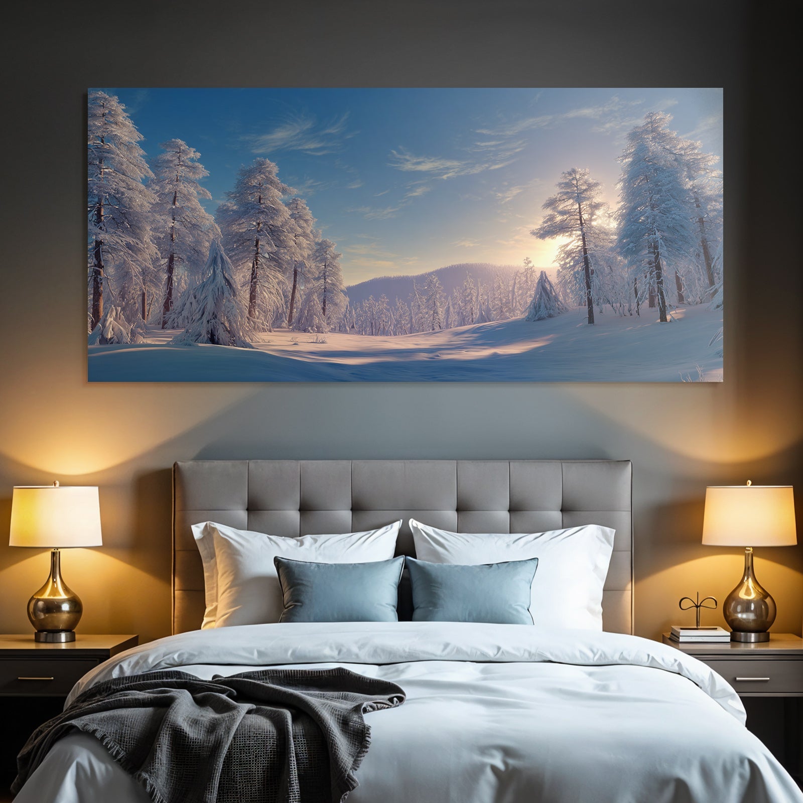 Ruhige Landschaft Mit Tannenbäumen Im Schnee Beleuchtet Von Der Sonne