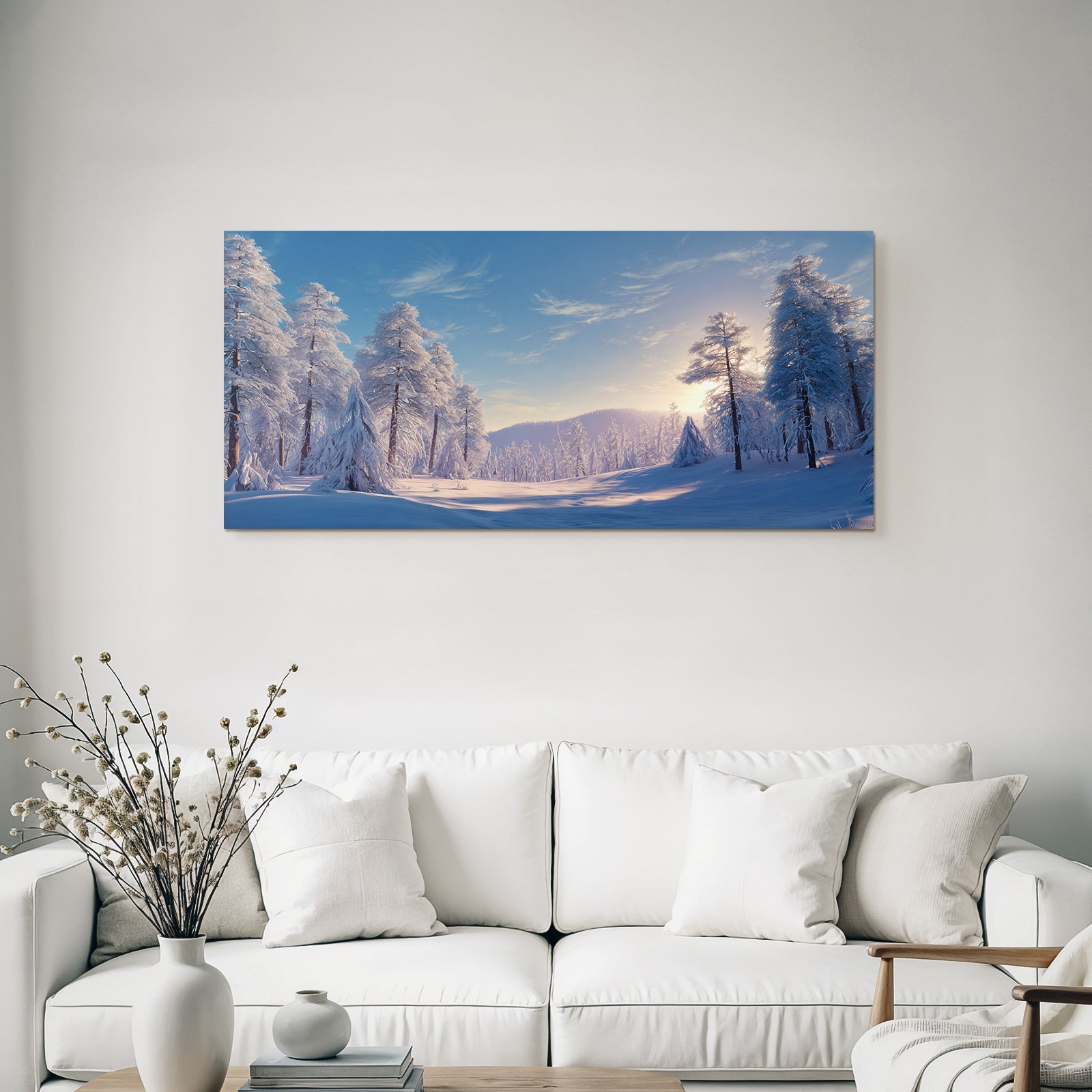 Ruhige Landschaft Mit Tannenbäumen Im Schnee Beleuchtet Von Der Sonne