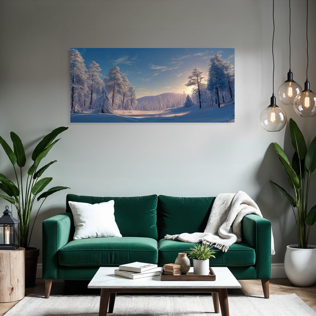 Ruhige Landschaft Mit Tannenbäumen Im Schnee Beleuchtet Von Der Sonne