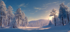 Ruhige Landschaft Mit Tannenbäumen Im Schnee Beleuchtet Von Der Sonne | Winter | Jahreszeiten