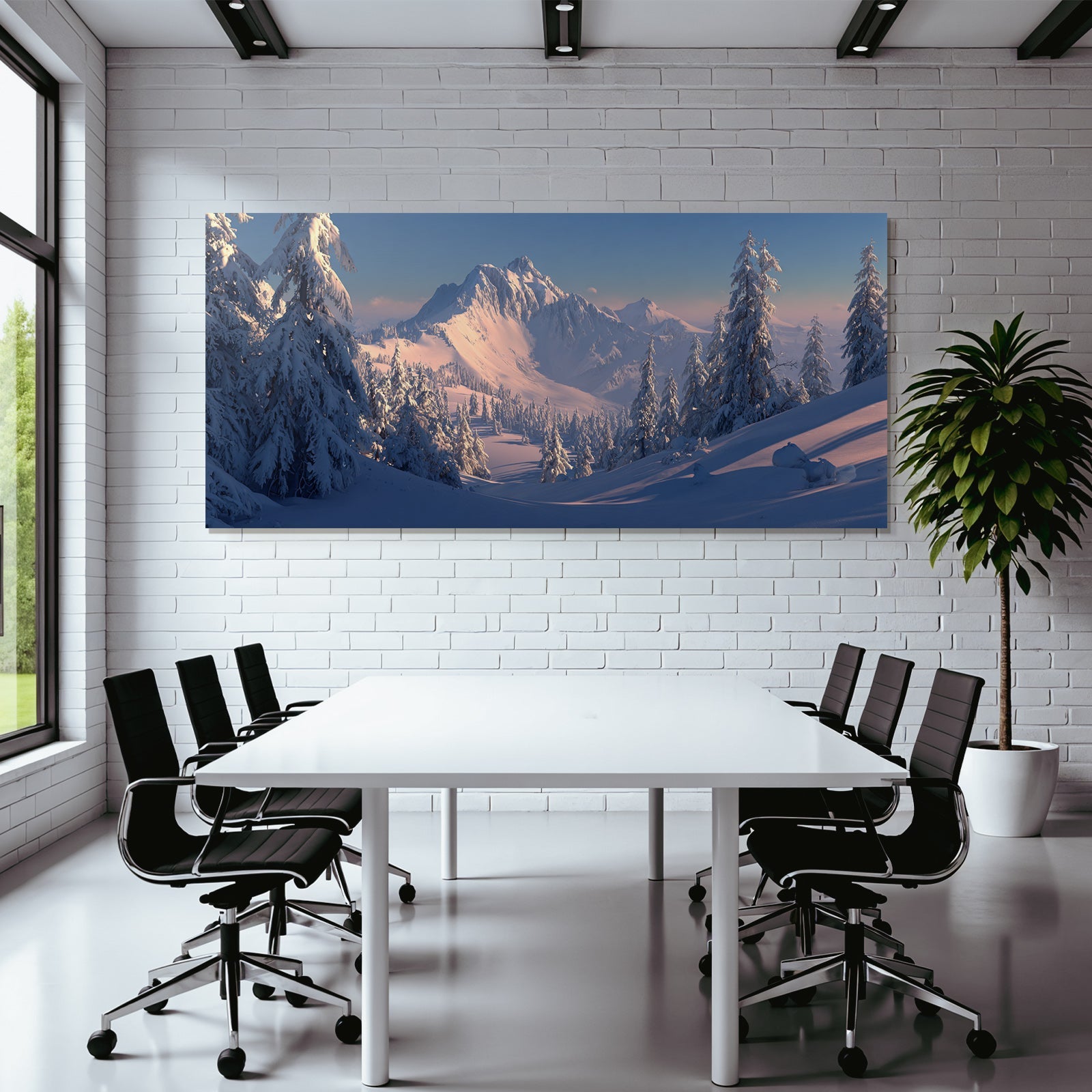 Ruhige Schneelandschaft Mit Bergen Und Tannen Im