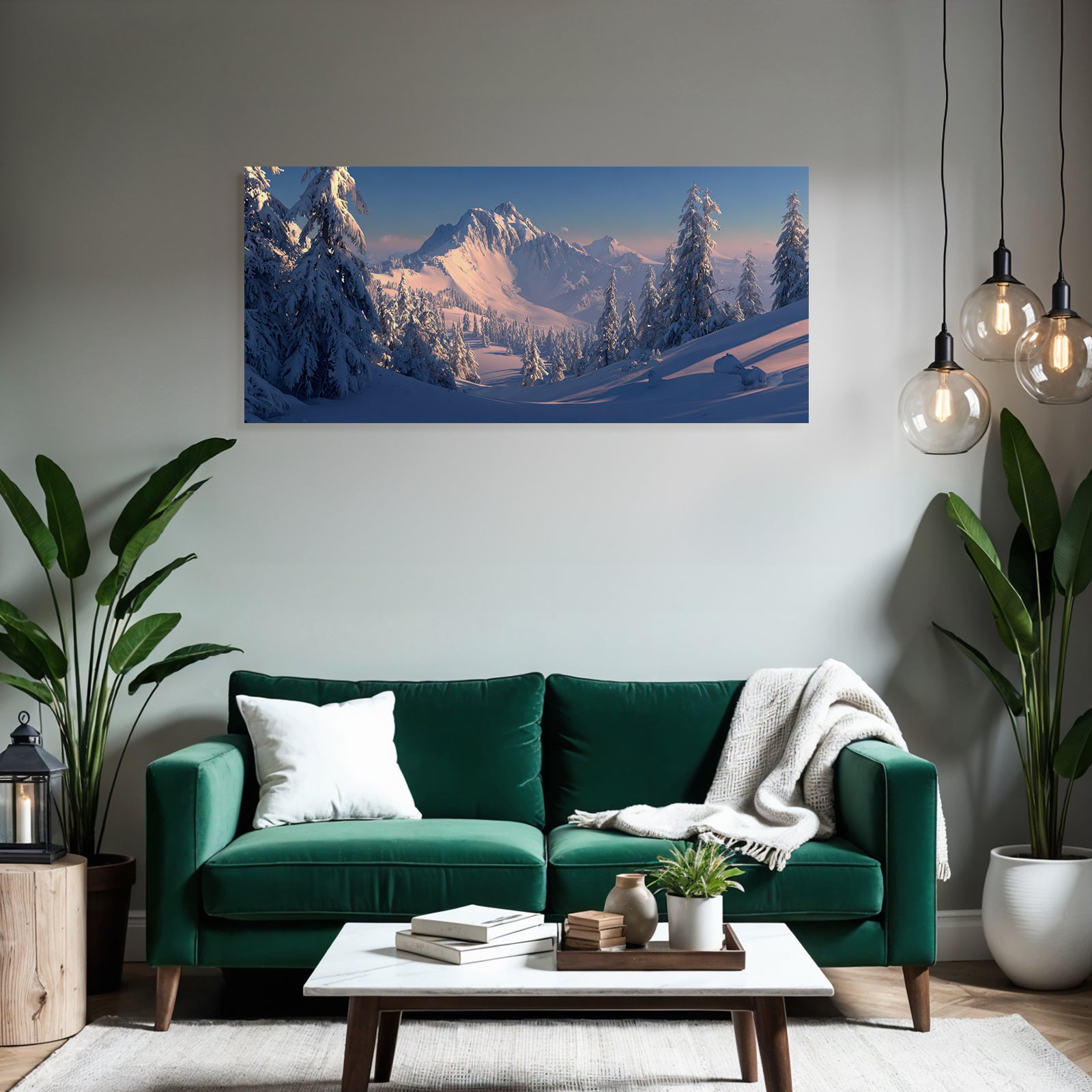 Ruhige Schneelandschaft Mit Bergen Und Tannen Im