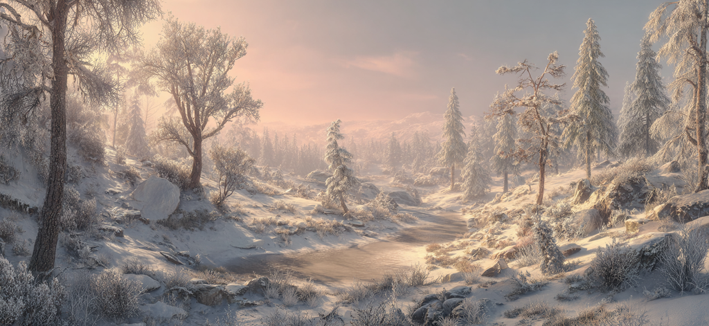Schneebedeckte Landschaft Mit Reflektierendem Wasser | Winter | Jahreszeiten