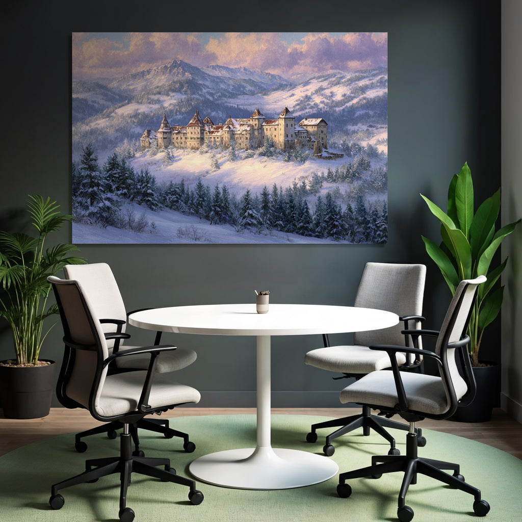 Schneelandschaft Mit Burg Im Mountains Dawn Dusk Fantasie Kunst