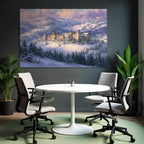 Schneelandschaft Mit Burg Im Mountains Dawn Dusk Fantasie Kunst