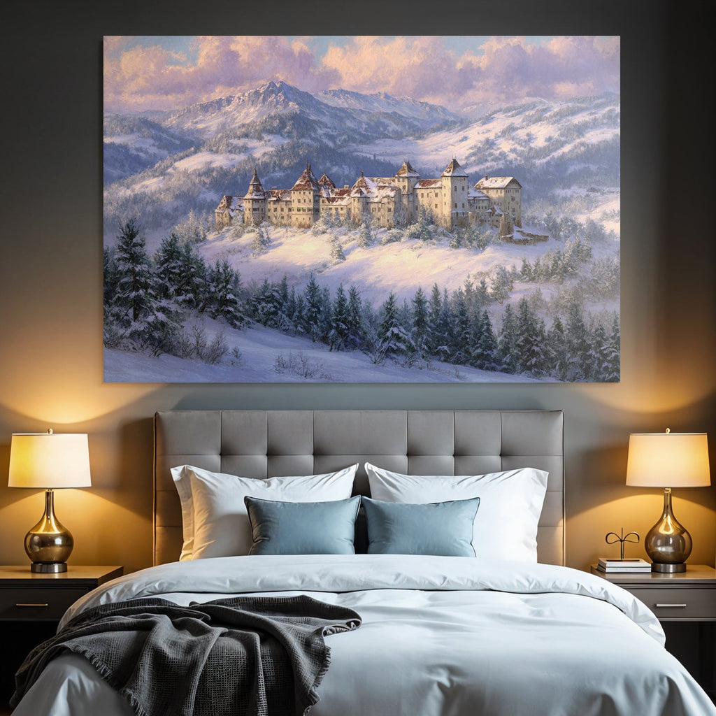 Schneelandschaft Mit Burg Im Mountains Dawn Dusk Fantasie Kunst