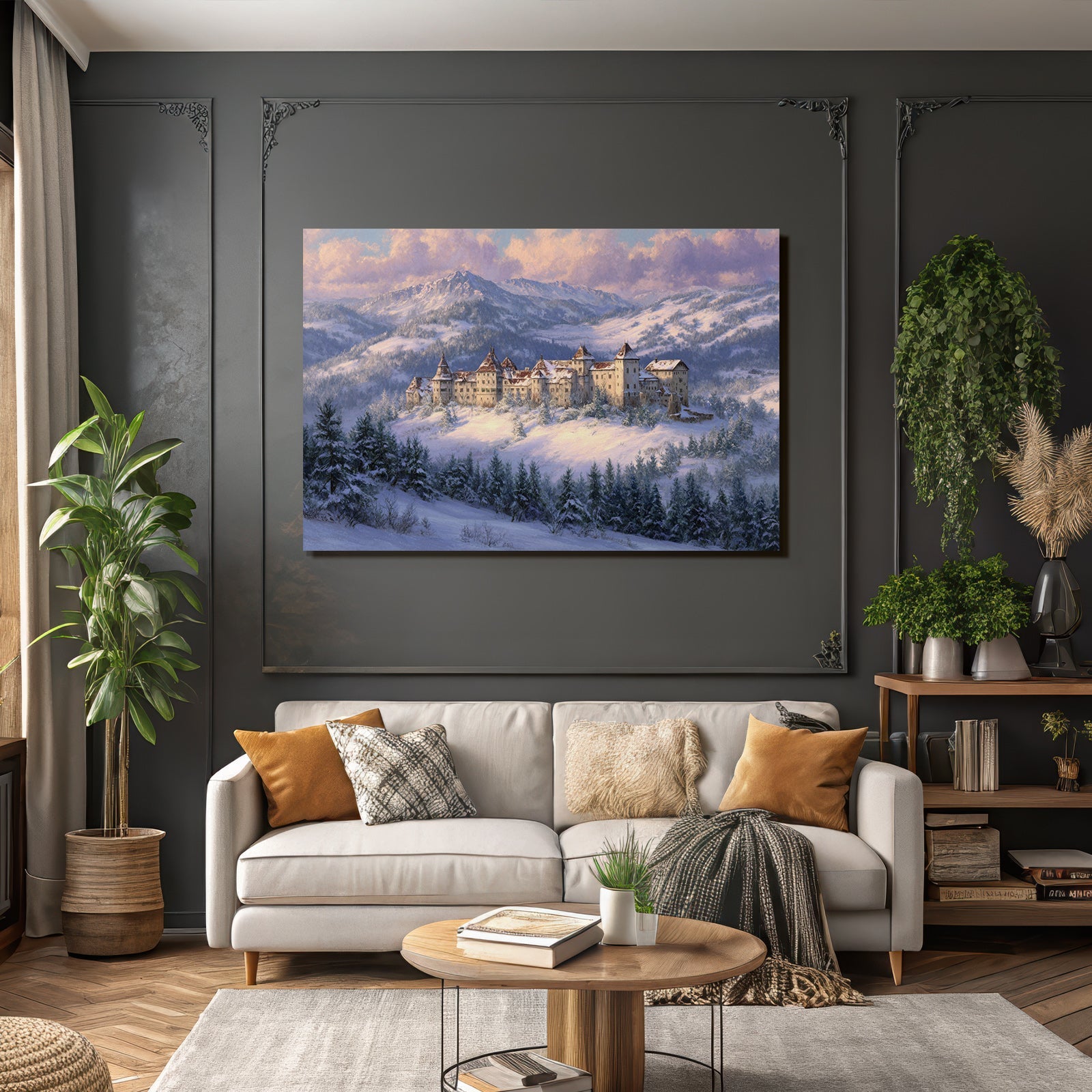 Schneelandschaft Mit Burg Im Mountains Dawn Dusk Fantasie Kunst
