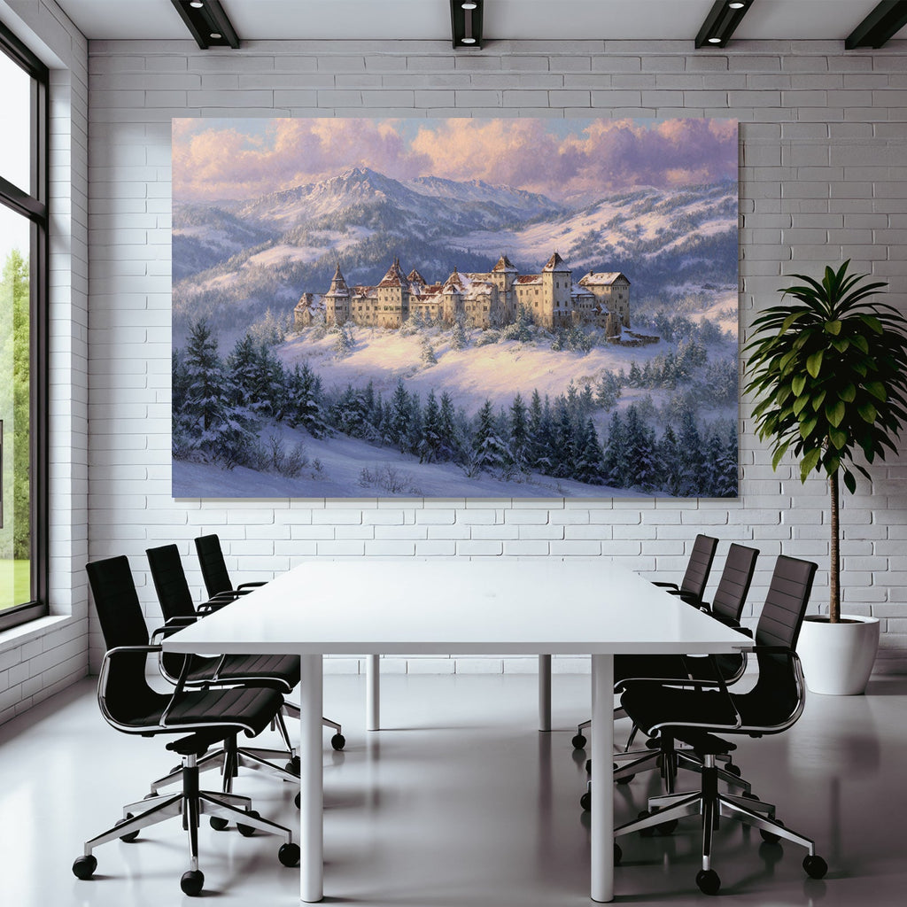Schneelandschaft Mit Burg Im Mountains Dawn Dusk Fantasie Kunst