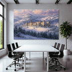 Schneelandschaft Mit Burg Im Mountains Dawn Dusk Fantasie Kunst