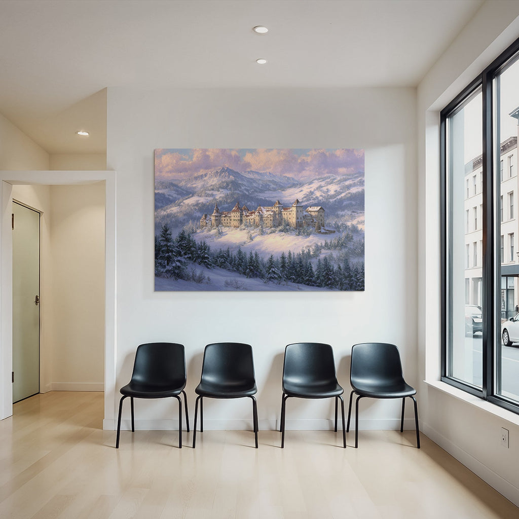 Schneelandschaft Mit Burg Im Mountains Dawn Dusk Fantasie Kunst