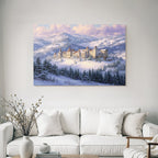 Schneelandschaft Mit Burg Im Mountains Dawn Dusk Fantasie Kunst