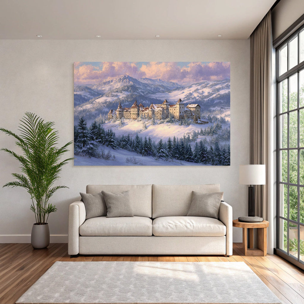 Schneelandschaft Mit Burg Im Mountains Dawn Dusk Fantasie Kunst