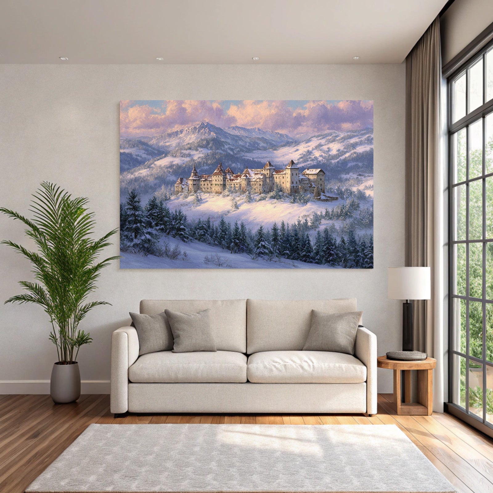 Schneelandschaft Mit Burg Im Mountains Dawn Dusk Fantasie Kunst