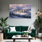 Schneelandschaft Mit Burg Im Mountains Dawn Dusk Fantasie Kunst