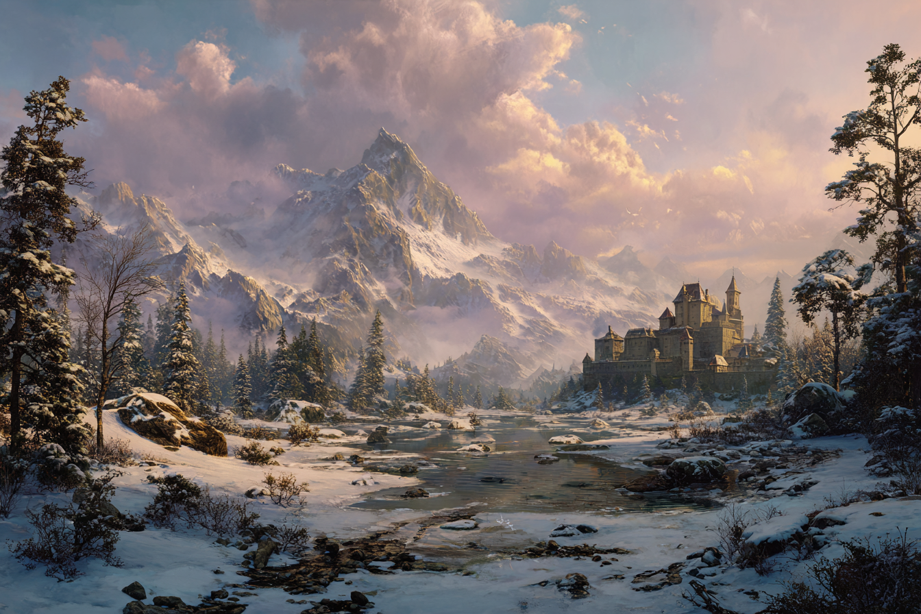 Zauberhafte Landschaft Mit Burg Und Fluss | Winter | Jahreszeiten