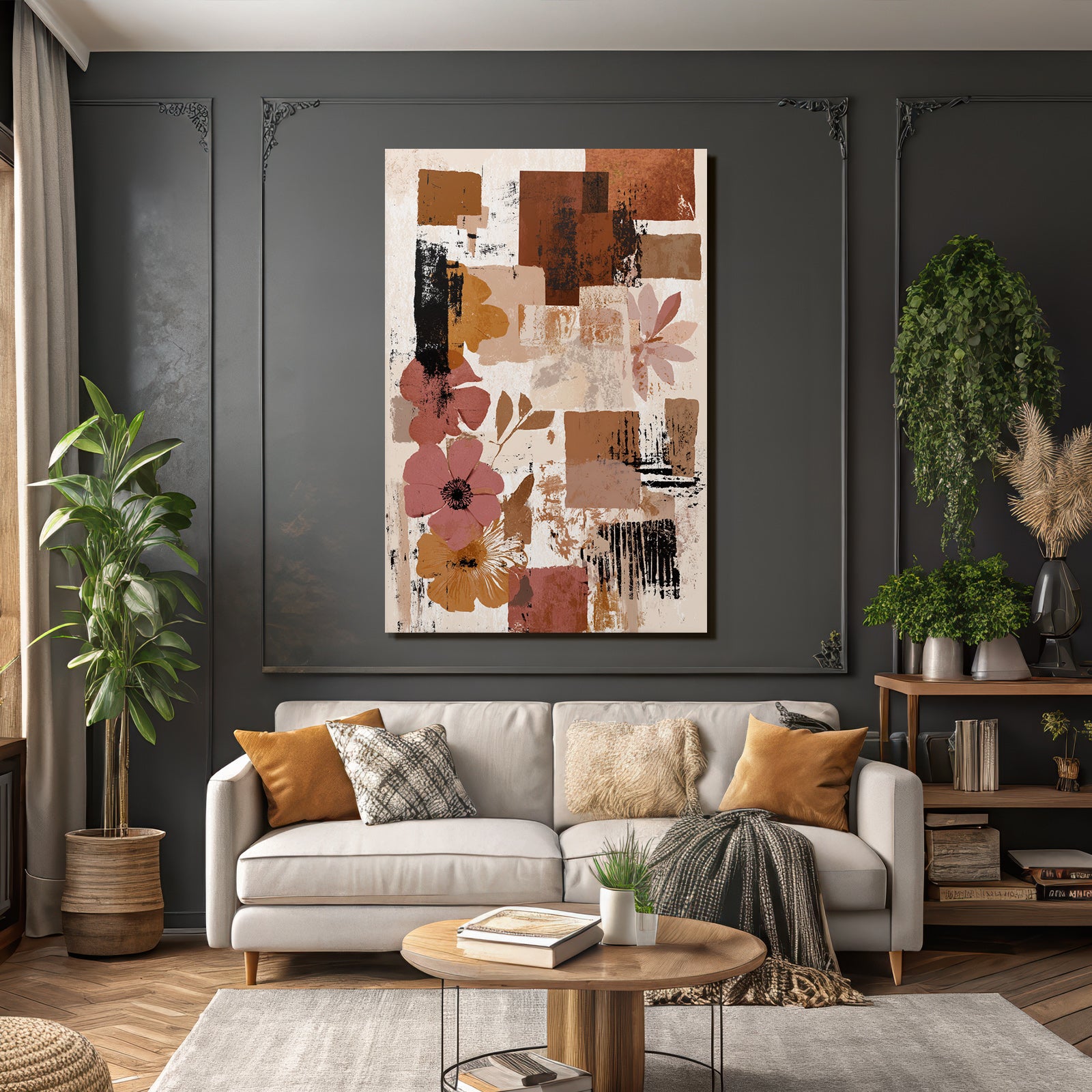 Abstrakte Blumen Komposition Mit Geometrischen Mustern Und Erde Tonen