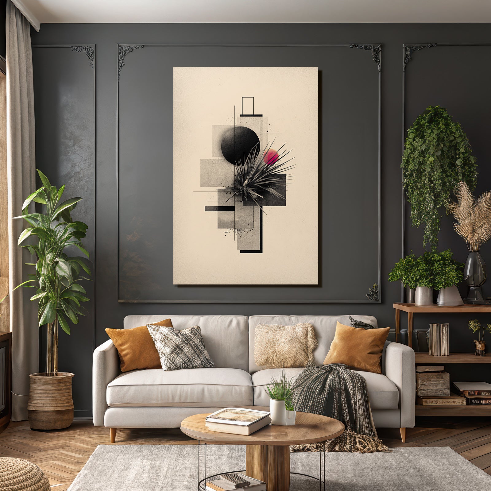 Abstrakte Kunst Geometrische Formen Botanische Elemente Rot Rosa Contrastierend