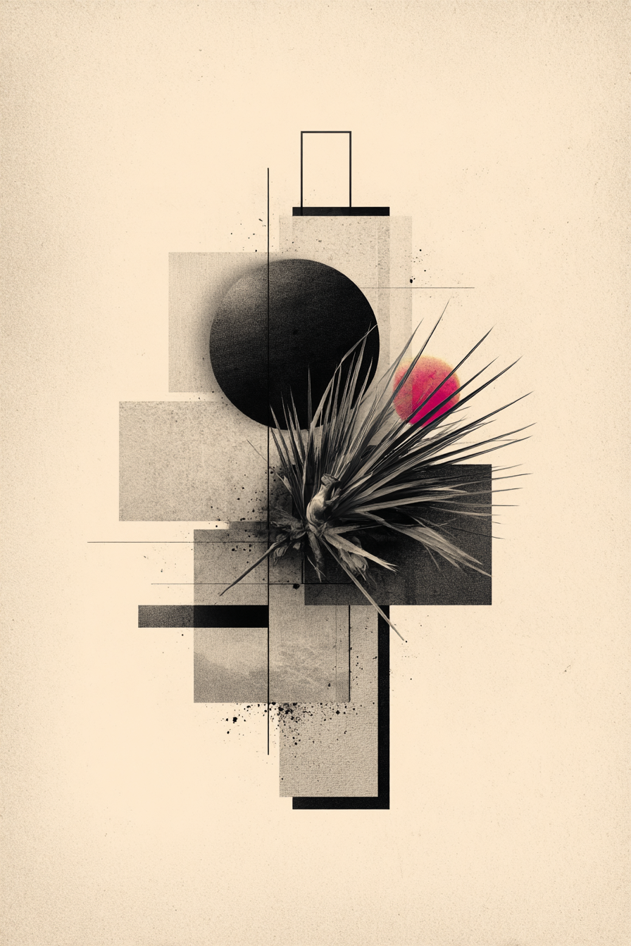 Abstrakte Kunst Geometrische Formen Botanische Elemente Rot Rosa Contrastierend | Collagen | Kunstgattungen