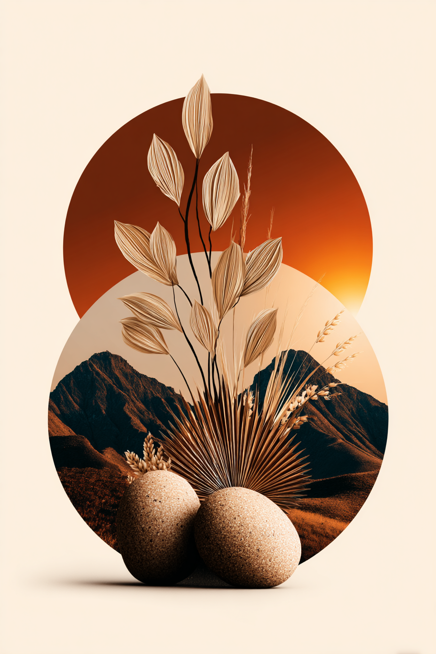 Abstrakte Naturdesign Mit Blaettern Und Sonnenuntergang | Collagen | Kunstgattungen