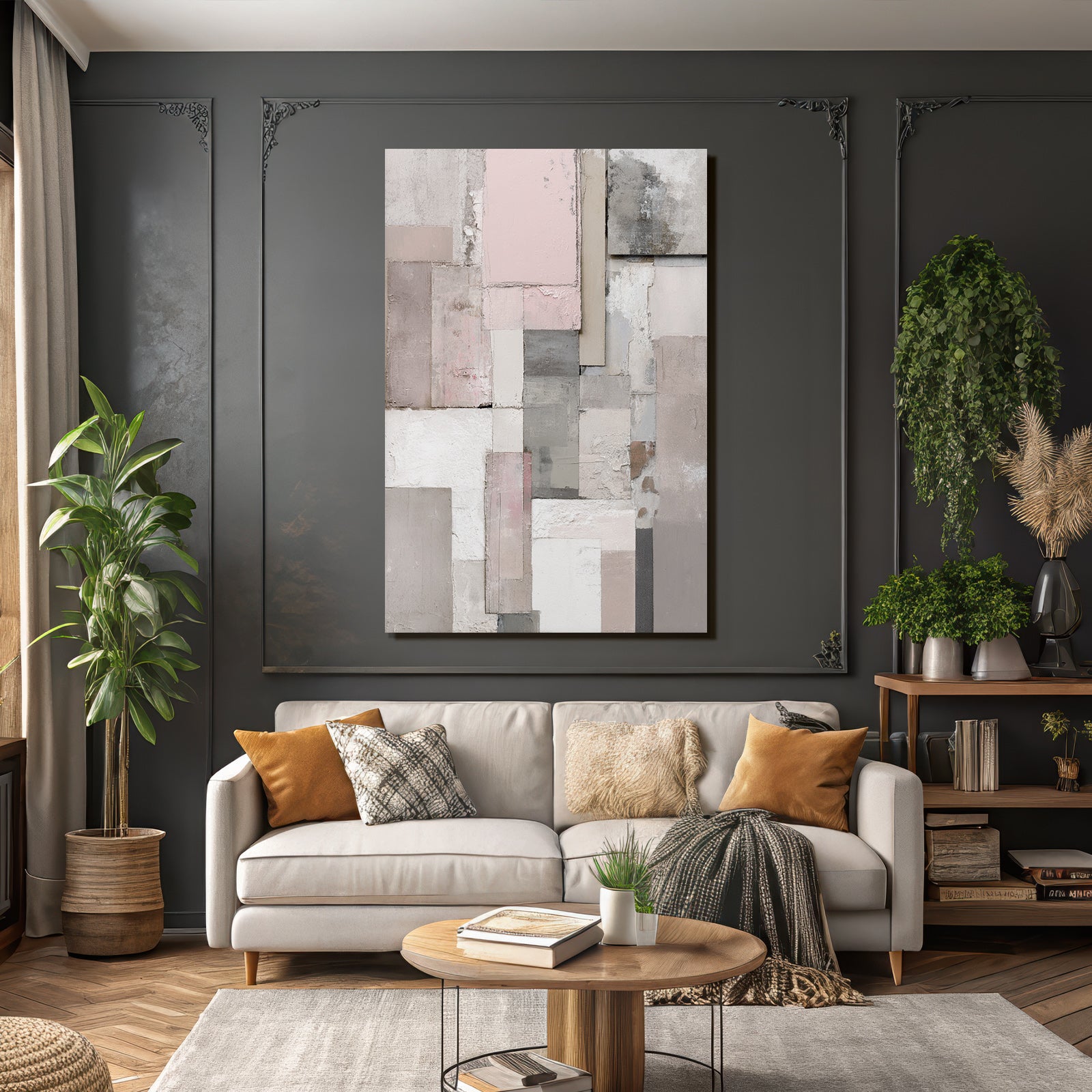 Abstrakte Zusammensetzung Texturierte Panels In Grau Rosa Und Weiss