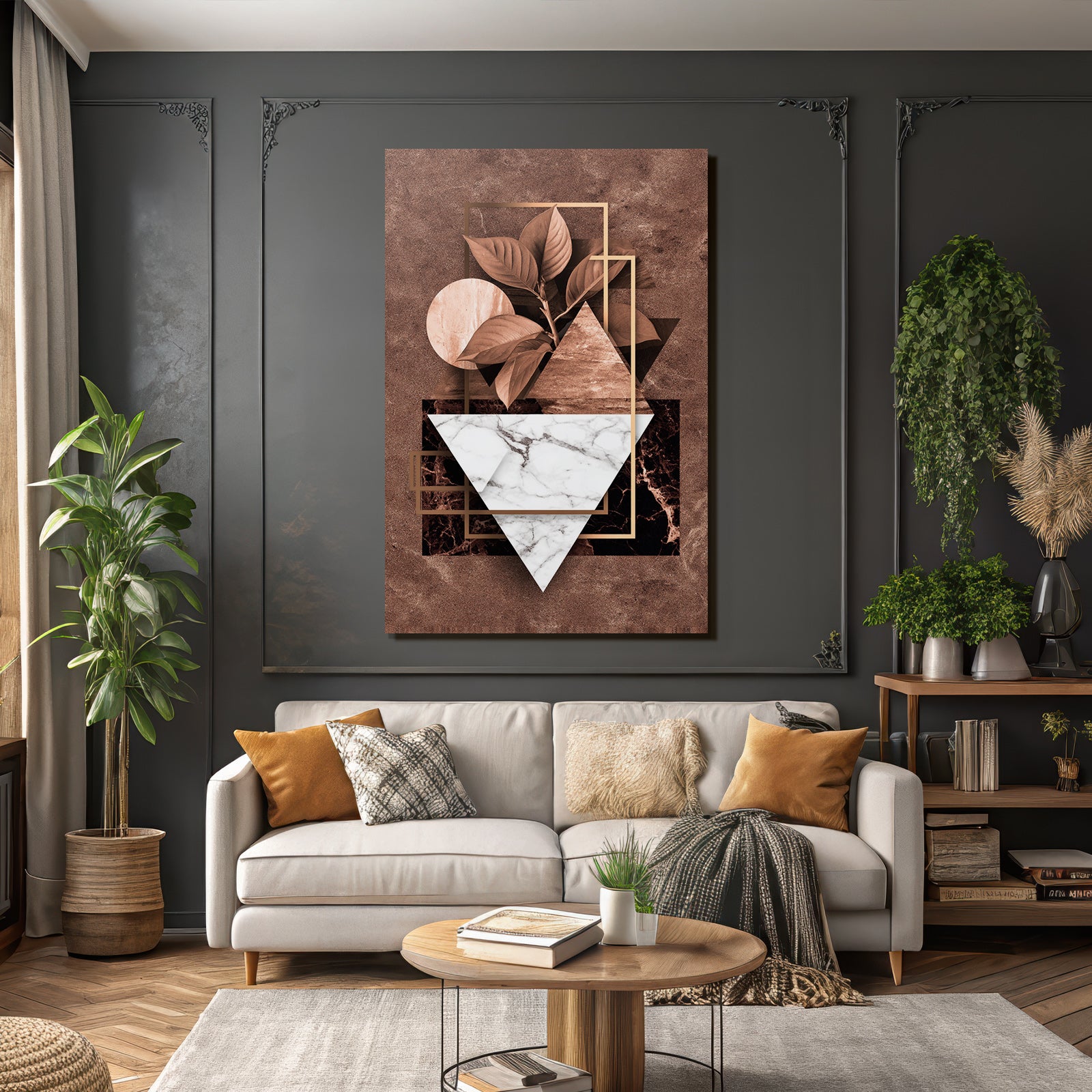Abstraktes Design Geometrische Formen Mit Pflanzenblatt Erdton Marmor Metallic