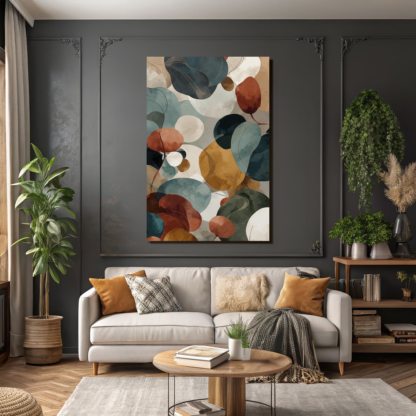 Abstraktes Design Mit Blaettern Und Kreisformen Earthetoene Und Harmonische Farben