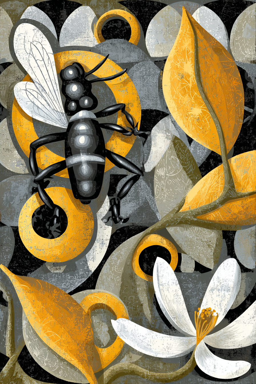 Bee Umgeben Von Blaettern Und Abstrakten Formen Orange Grau | Collagen | Kunstgattungen