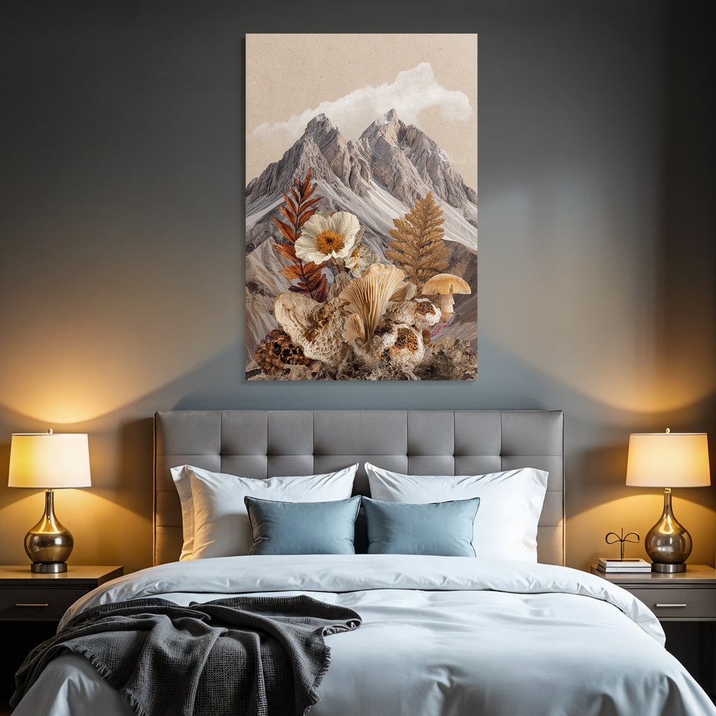 Berglandschaft Mit Blumen Und Pilzen Natur Collage