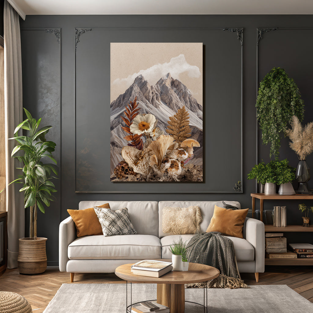 Berglandschaft Mit Blumen Und Pilzen Natur Collage