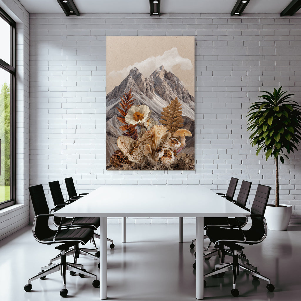 Berglandschaft Mit Blumen Und Pilzen Natur Collage