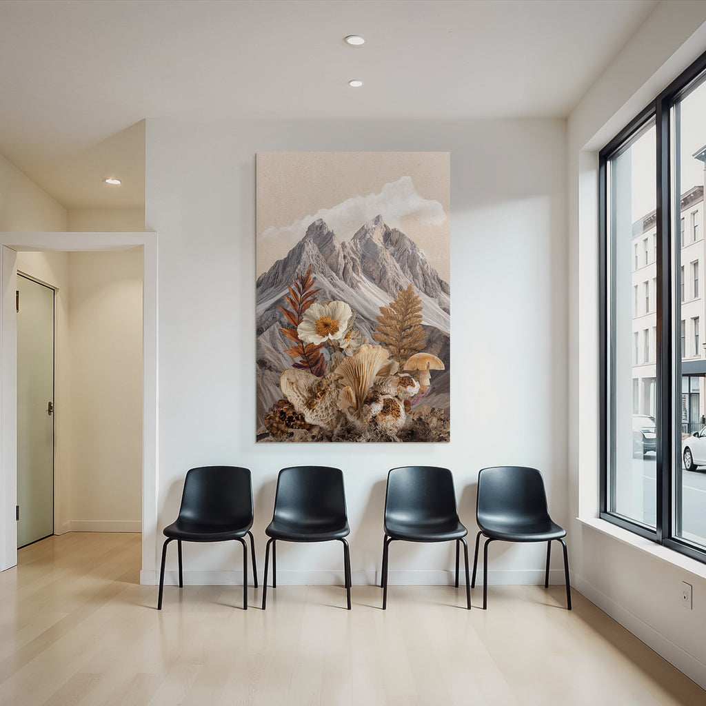 Berglandschaft Mit Blumen Und Pilzen Natur Collage