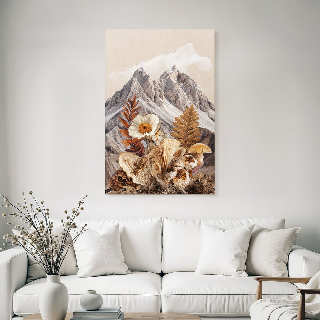 Berglandschaft Mit Blumen Und Pilzen Natur Collage